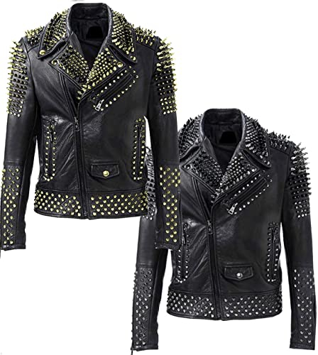 Brando Herren-Motorradjacke, Rock, Punk, Spike, goldene Nieten, Biker-Lederjacke, Schwarz, Schwarz
