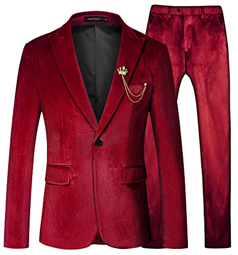 MAGE MALE Men's 2 Piece Velvet Suit One Button Tuxedo Slim Fit Luxurious Blazer Party Dinner Jacket & Pants Red