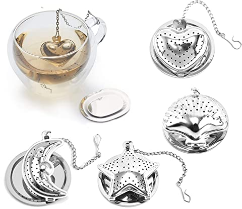 Teesieb, 4 Stück Teefilter Edelstahl mit Kette und Abtropfschale, Teesieb für Losen Tee, Extrafeinmaschiger Teesieb, für Losen Tee und Mulling Gewürze(Stern, Mond, Fächer, Herzform)
