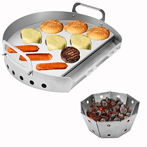 Universal Stainless Steel Griddle, Flat Top Grill with Removable Grease Tray, Griddle for Gas Griddle, Telescopic Support to Accommodate Different Sizes Gas/Charcoal Grill, for Camping & Parties