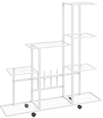 Makastle Pflanzenregal Metall Blumenregal Blumenständer mit Rollen, Garten Pflanzentreppe mehrstöckig für Indoor Balkon Wohzimmer Outdoor Dekor, 94,5x25x92,5 cm Weiß