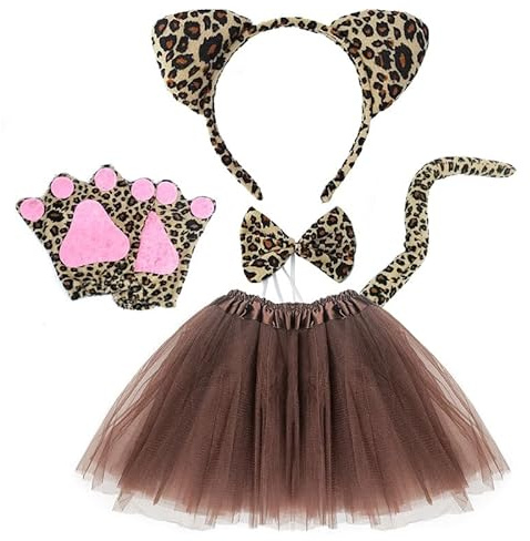 MIVAIUN 5 stycken leoparddräktsset, djurkostym, djungelutklädningsset, hårband, fluga, svans, tassar, handskar, kjol, kostym, maskerad, brun