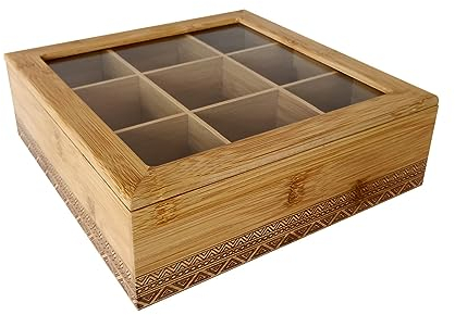 LIN HOME Cajita de Madera y Bambú con Tapa de Cristal con 9 Compartiments para Bolsas de Té o Sobres de Azúcar,Cuadrado
