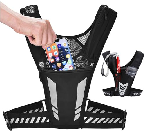 Veste de Running Porte-Téléphone, Zip Reflective Vests Holds 1000ml Water Bottle,Adjustable Waistband & Breathable Materials, Chest Gear for Men/Women, Running Or Cycling