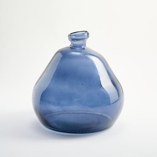 Florero Bajo de Vidrio Reciclado y Diseño Liso Irregular - Jarrón de Cristal Artesanal Estilo Mediterráneo Decoración del Hogar (Azul Marino)