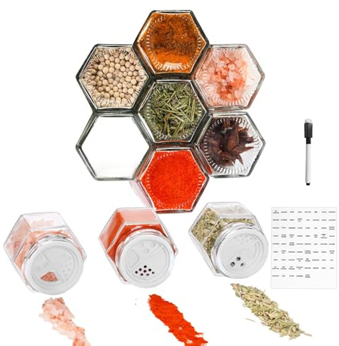 OPTWISELY Set of 10 Magnetic Spice Jars for Refrigerator, Glass Small Hexagon Magnet Seasoning Containers with Labels, Shaker Lids, Fridge Magnetic Spice Rack Organizer with Jars