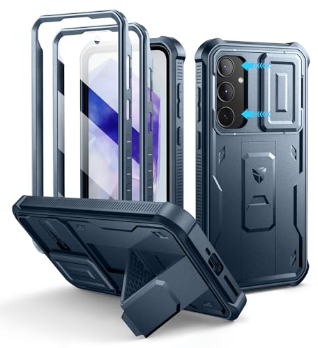 Dexnor pour Coque Samsung Galaxy A55【Double Cadre Avant et Support】 avec CaméRa Coulissante Intégrée & Protecteur d'écran, Coque de Protection Robuste Résistante Aux Chocs - Bleu