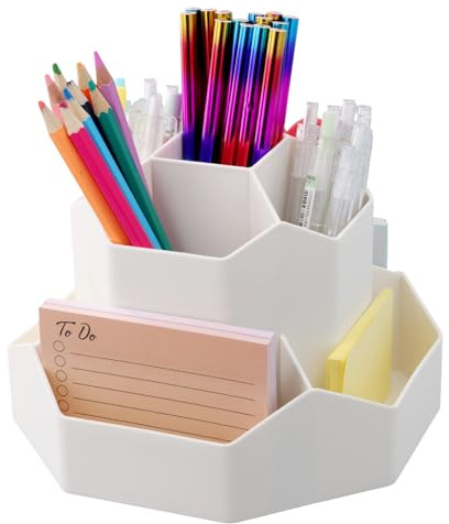 Pagezol 360 Degree Rotating Pencil Holder Desk-Organiser, Multi-Functional Pen Holder, Pencil Pots Makeup Brush Holder with 9 Compartments for Home School Office Supplies and Stationary Storage,White
