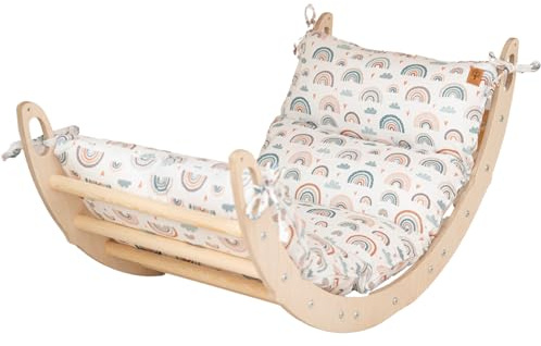 WoodsCraft Montessori Kletterspielzeug: Kletterbogen mit Kissen | hypoallergen Kissen für Kletterbogen, Kletterwippe, Holzwippe, Bogenwippe, holz Klettergerüst indoor, baby klettern indoor