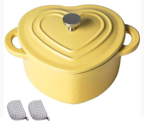 DYHQQ Enamel Cast Iron Dutch Oven 500ML Heart-Shaped Dutch Oven Pot with Lid And Dual Handles Silicone Accessories Included Works on All Stovetops Oven Safe To 500°F,Yellow