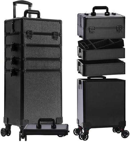 JINGUAN Profesional Rolling Makeup Train Case with Lid, 5 in 1 Cosmetology Case on Wheels, Large Cosmetic Trolley Organizer Travel for Hairstylist Artist Nail Beauty Salon Barber, Black