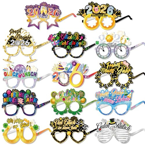 DPKOW 28Stk Glücksbringer Silvester Brillen 2026 aus Papier, Glücksbringer Neujahr Partybrille Accessoires Silvester 2026 Zubehör, Hallo 2026 Prosit Neujahr Frohes neues Jahr Viel Glück Guten Rutsch
