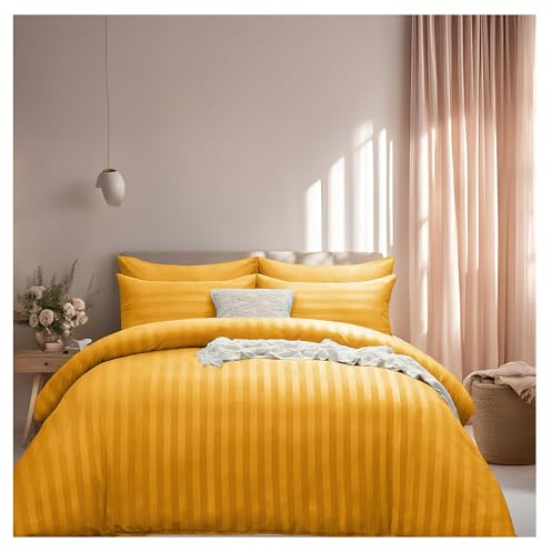 J.Din King Size Satin Stripe Reversible Duvet Cover Sets, Ochre Yellow | Soft Brushed Microfiber Bedding 3 Piece Duvet Set Hotel Quality Quilt Cover with 2 Pillowcases