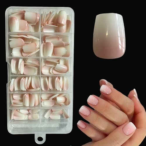 SanFangyue Falska nagelspetsar, 168 st. franska falska naglar att klistra på, vita/rosa konstgjorda naglar med ballerina-nagelkonst, manikyr, falska naglar för damer och kvinnor, korta, rosa gradient