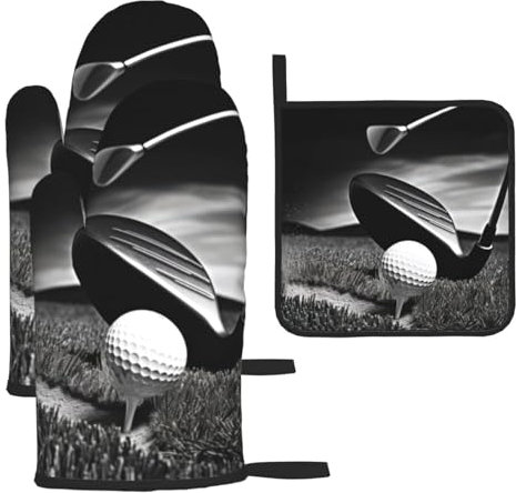 Schwarze und weiße Golf-Ofenhandschuhe und Topflappen, 3er-Set, wasserdicht, hitzebeständig bis 260 °C, Mikrowellen-Handschuhe, Backhandschuhe, Grillhandschuhe, Kochhandschuhe