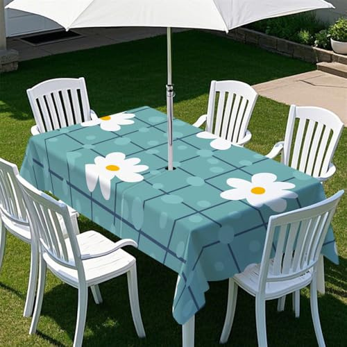 Chickwin Tovaglia Rettangolare con Foro per Ombrellone e Cerniera, Stampa Floreale Tovaglia da Esterno Antimacchia Impermeabile per Tavolo da Giardino, Barbecue, Feste (Verde Acqua,210x150cm)