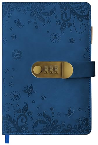 Qefuna Tagebuch mit Schloss, A5 PU Leder Blanko Journal mit Geprägter 200 Seiten, 100g Papier,Cashewblüte Vintage Lock Journal mit 3 farbige Kurvenstifte, Abschließbares Tagebuch für Erwachsene-Blau
