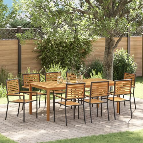 Qnhdfrt 9-teilige Gartengarnitur Schwarz Poly Rattan Akazie Esstischgruppe Rechteckig für Garten Terrasse mit 8 Stühlen Langlebig Modern