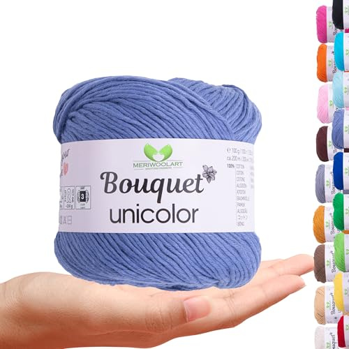 MeriWoolArt Bouquet Baumwollgarn Jeansblau – 100% Baumwolle – Häkelgarn & Strickgarn – 100g, 200m – Ideal für Tücher, Babydecken, Amigurumi, Sommerkleidung & Wohnaccessoires