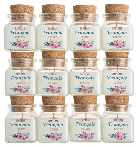 Cadeaux Invités Baptême - Lot de 12 Bougies Personnalisées Parfumées, Décoration de Table - Pot en Verre 120ml avec Bouchon en Liège, Design d'Étiquette Personnalisable, Parfum au Choix