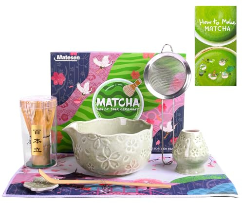 Matesen Matcha Set, 7-teiliges Premium Starter Set Grün, Matcha Tee Set mit Sieb Besen, Zubehör für das traditionelle Matcha Tea Set für Anfänger