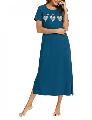 Jahetuul Chemise de Nuit Longue Femme Manches Courtes Col Rond avec Imprimé Cœur et Fente au Bas Robe de Nuit Confortable pour la Maison
