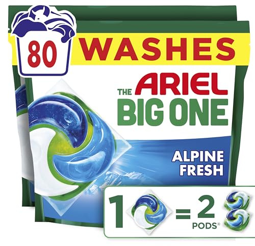 Ariel The Big One PODS®, Washing Liquid Laundry Detergent Capsules, 2 x 40 Washes, Alpine Fresh, 2X Stain & Odour Removal, Fast Dissolving Even in Cold