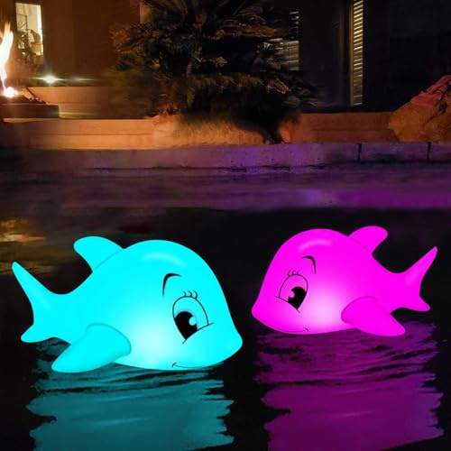 Solar Poolbeleuchtung Schwimmend,2 Stück Aufblasbare Delfin Pool Lichter mit Fernbedienung,IP68 Wasserdichte Schwimmende LED Beleuchtung für Schwimmbad, Gartenteich, Garten, Hochzeits & Partydeko