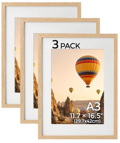 HOUSE DAY Bilderrahmen A3, MDF Holz Bilderrahmen 29.7x42cm Holzrahmen Natur | 3er Set MDF Fotorahmen Bilderrahmen Din A3 Plexiglas Posterrahmen，Collage Poster Rahmen, Moderner Poster Dokumentenrahmen