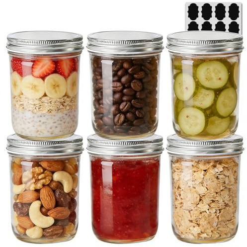 ComSaf Mason burkar 480 ml/16 oz – 6-pack, breda munglasburkar med lock, övernattningsburkar, betningsburk, konserveringsburk för kryddor, sylt, honung, gelé, lufttät matförvaringsbehållare