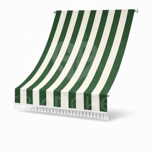 Tenda da Sole Balcone 140x250 o 140x300 cm con Frangia – Telo Ombreggiante per Terrazzo e Finestre – Tessuto Resistente con Ganci Inclusi – Vari Colori (Verde Rigato, 140x250 cm)