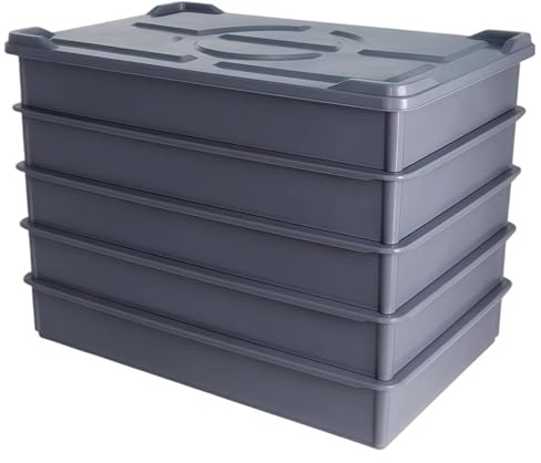 EASYROSE 5 Pack Stackable Pizza Dough Proofing Box with Lid, 60 x 40 x 9.5cm Plastic Dough Tray Container, Commercial Bread Proofing Boxes - Grey (5 Trays + 1 Lid)
