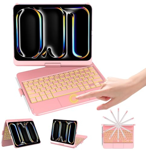 KBCASE Funda Teclado para iPad Pro 11 M4 2025/M3 2024 | Teclado Bluetooth con Rotación de 360°, Trackpad Multitáctil, Retroiluminación de 7 Colores, Funda Integral, Qwerty Español Ñ