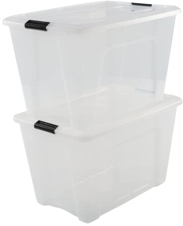 Iris Ohyama 2 Cajas de almacenamiento con tapas, 60L, Transparente, Clips de Cierre, Duradero, Apilable, para Dormitorio, Armario, Oficina, Organizadora, Ropa, Libre de BPA, NTB-60