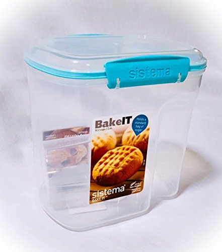 Sistema Bake It Food Storage for Baking Ingredients, Sugar Container with Measuring Cup 10.2 Cups, Clear with Aqua Accents