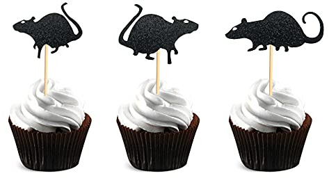 Arthsdite Cupcake-Aufsätze mit Rattenmotiv, schwarz, glitzernd, Halloween-Maus-Thema, Cupcake-Picks für Kindergeburtstag, Party, Dekoration, 48 Stück