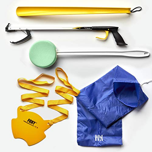 Helping Hand Company 5 Piece Standard Post Surgery Hip Kit, Knee and Hip Replacement Recovery Kit. Classic Reacher Grabber 32/82cm, Foxy Sock Aid, Long Handled Shoe Horn, Everyday Sponge, Carry Bag