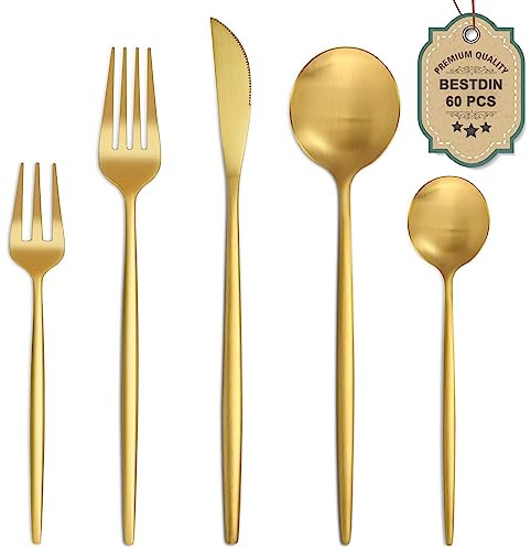 Bestdin Besteck Set 12 Personen, 60 teilig Edelstahl Besteckset Gold Matt, Essbesteck Set mit Messer Gabel Löffel, Hochwertiges Edelstahlbesteck, Spülmaschinenfest.