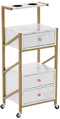 BarberPub Salon Trolley Cart with Wheels Rolling Cart Barber Station with Drawers Marbled Board for Beauty Salon Makeup Storage with 2 Hair Dryer Holders 2042 (White)
