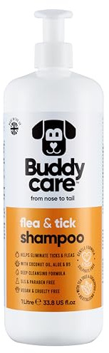 Floh- & Zeckenhundeshampoo von Buddycare - Beseitigt Flöhe, Zecken & Milben - Tiefenreinigungsshampoo für Hunde, Flohshampoo mit Teebaumöl & Eukalyptus für Hunde (1L)