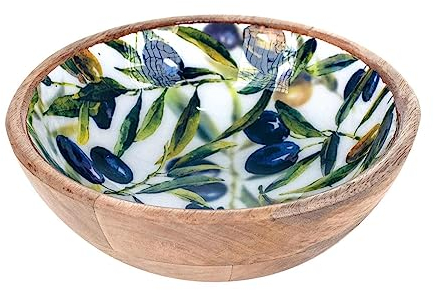 SIGNES GRIMALT Grande Bol, Coupe de service ou vide-poche, Bois de Manguier et Thème Olives de Provence, Diamètre 20 cm.