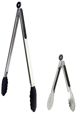 UPTALY 1 pince à barbecue extra longue de 45 cm avec tête en silicone, 1 mini pince à salade en acier inoxydable de 20 cm, pour pâtisserie, cuisine, pince à frire de grande taille, allongée