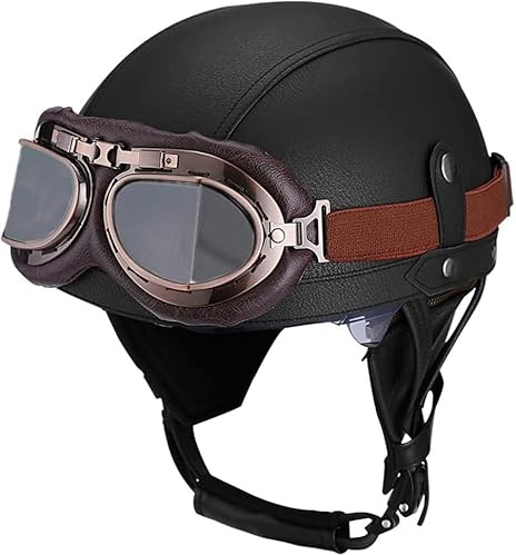 Caschi in pelle,Casco Jet Vintage Omologato ECE/DOT,Mezzo Casco Moto Pelle D'epoca Con Occhiali Da Aviatore,Caschi Scooter Caschi Street Cruiser Da Uomo E Da Donna. (Schwarz,XL/61-62cm)