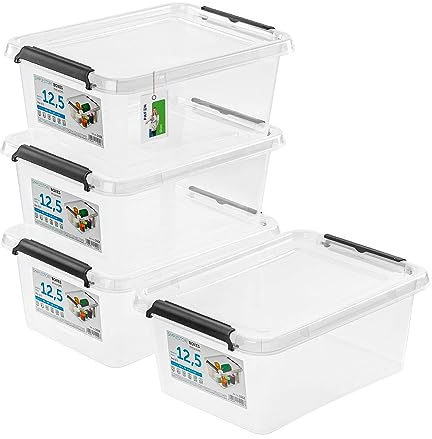 PAFEN 4x boîte de rangement avec couvercle, 12,5l - 39x29x16,5cm - SET Bacs de rangement Transparent Boîtes Rangement Bacs gerbables avec clips de fermeture Bacs plastiques