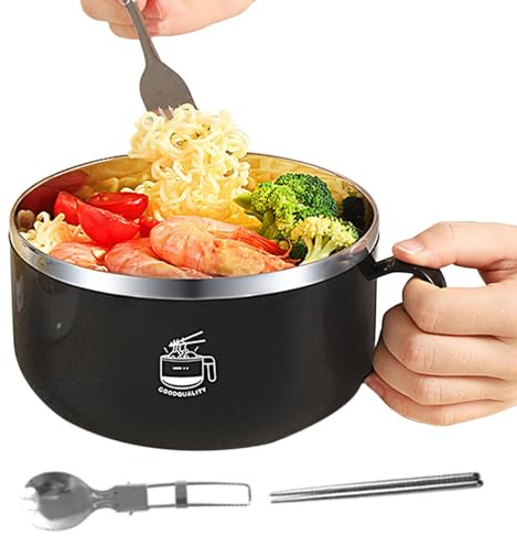 Dubbulon Stainless Steel Noodle Bowl With Lid - 1000ml Ramen With Handles, Chopstick, Spoon for Pasta, Salad, Cereal