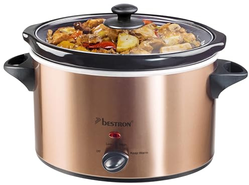 Bestron Slowcooker para 4 personas, Olla de Cocción Lenta con cacerola de cerámica y tapa de vidrio, termostato de 3 niveles, ideal para muchos platos como carne y sopas, 3.5 litros, Color: Cobre