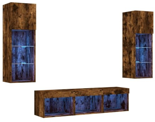 vidaXL Wohnwand 5-TLG., Schrankwand mit viel Stauraum, Anbauwand mit LED-Beleuchtung, Wandmontage Fernsehschrank Wohnzimmer Set, Räuchereiche Holzwerkstoff