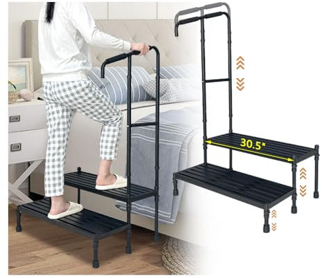 Marchepied de lit avec poignée - Escalier médical pour lits hauts - Marchepied d'assistance réglable - Large plate-forme pour personnes âgées handicapées - Mobilité - Marchepied à deux marches