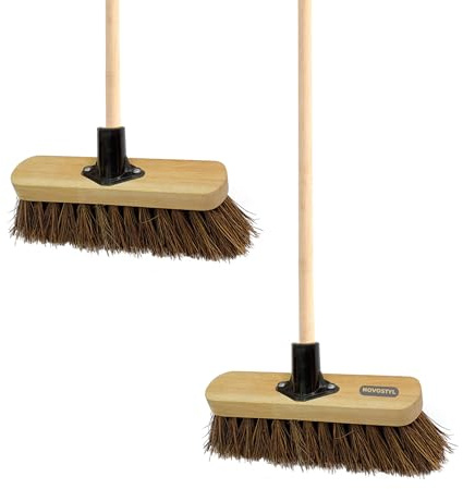 10” STIFF Broom Indoor with Wooden Handle Natural Bassine Bristles Sweeping Brush with Durable Support Bracket for Cleaning Any Surface Wooden Floor Decking and Paving Slabs (Pack of 2)