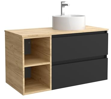 Salgar Mueble de Baño Bequia Plus 90 cm 2 cajones Negro Mate y Coqueta 2 Huecos Roble con Lavabo sobre encimera